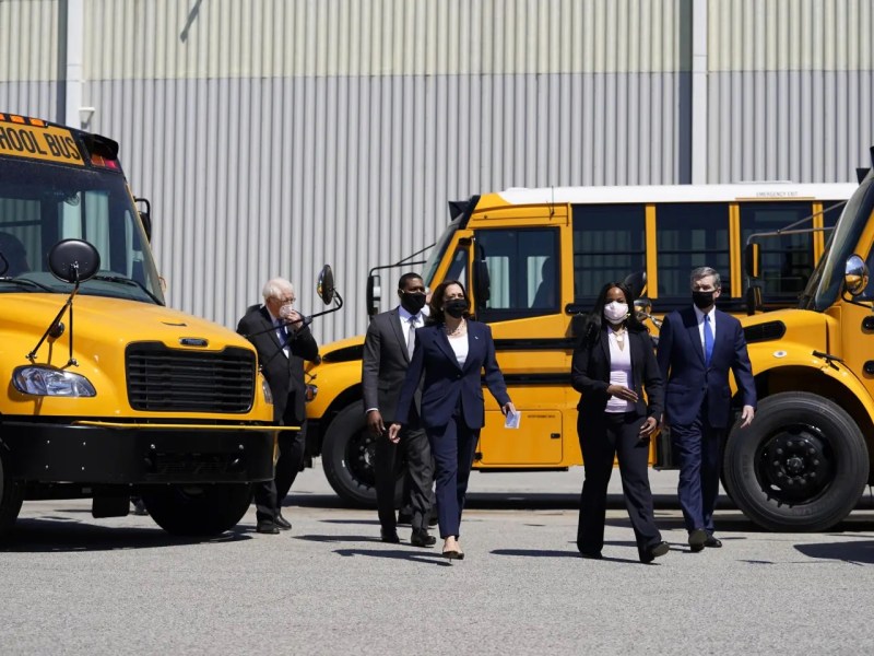 Vice President Kamala Harris tours Thomas Built Buses, Monday, April 19, 2021, in High Point, N.C. Harris is joined by EPA Administrator Michael Regan, North Carolina Gov. Roy Cooper, Leslie Kilgore Vice President of Engineering, Rep. David Price, D-NC.