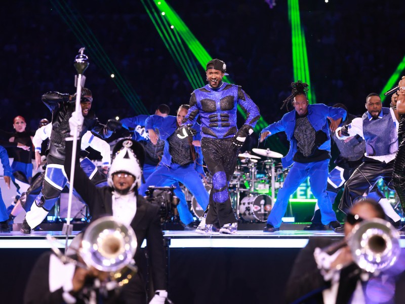 Jackson State University's Sonic Boom of the South Marching Band delivers an captivating halftime performance alongside singer, songwriter, dancer, actor and producer Usher during the Apple Music Super Bowl LVIII Halftime Show at the 2024 Super Bowl in Las Vegas, Nevada. (William H. Kelly III/JSU University Communications)